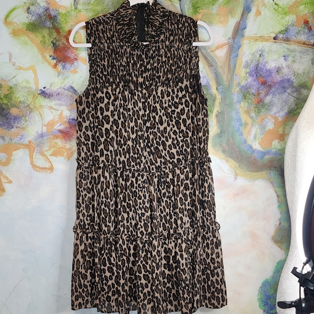 Just...Taylor Brown and Tan Leopard Print Sleeveless Mock Neck Midi Dress